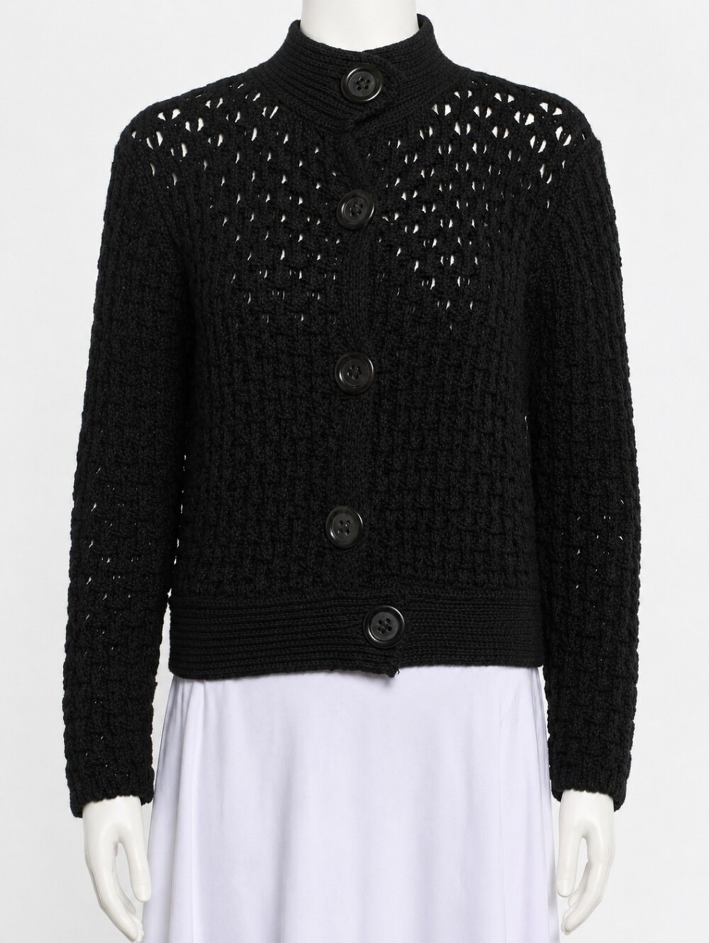 MAX‎ MARA | Black Virgin Wool Chunky Knit Mock Neck Cardigan Sweater Size M